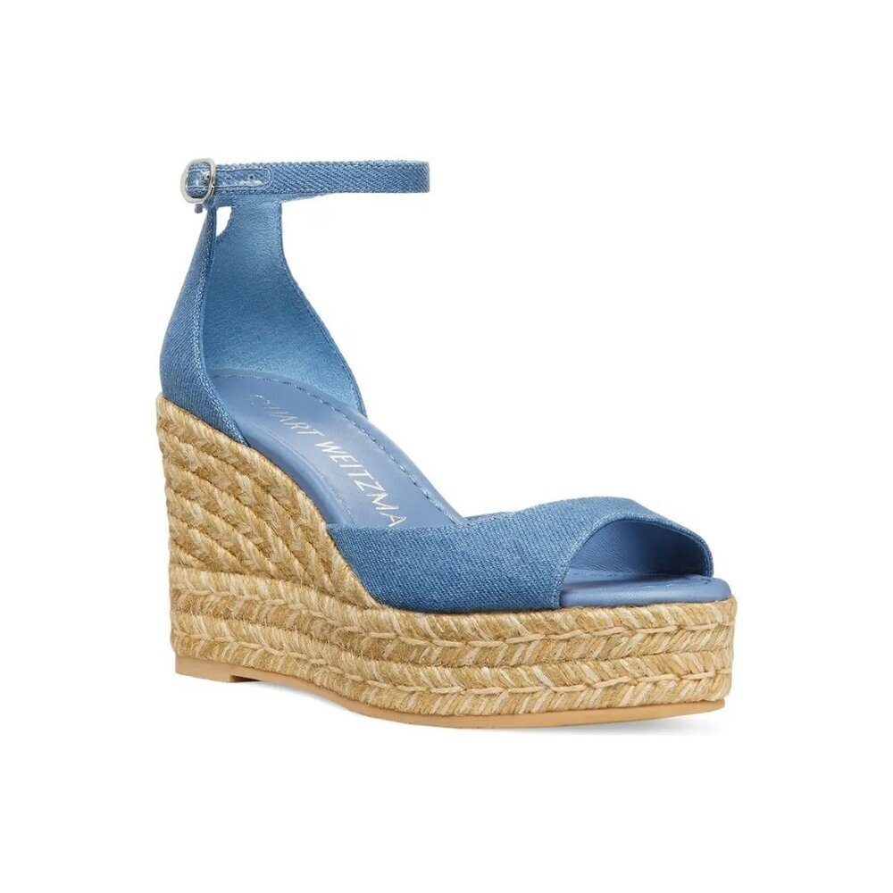 Stuart Weitzman Island Espadrille Wedge Sandal Peep Toe Jute & Denim Size 11